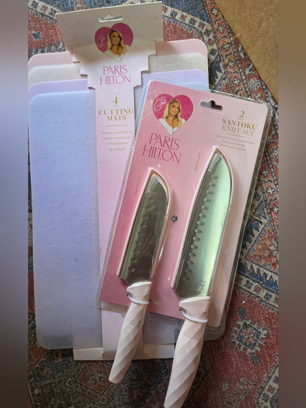 Paris Hilton Pink Santoku Knife Set with Pastel Pink Handles and Mats